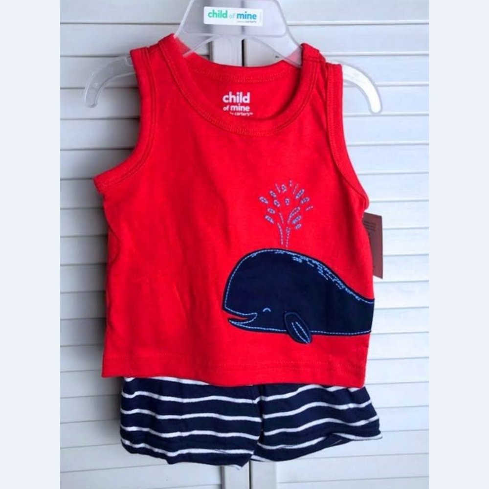 5/$20 NEW 2Pc 0-3M Boys Red White Blue Whale Tank Top & Shorts Outfit